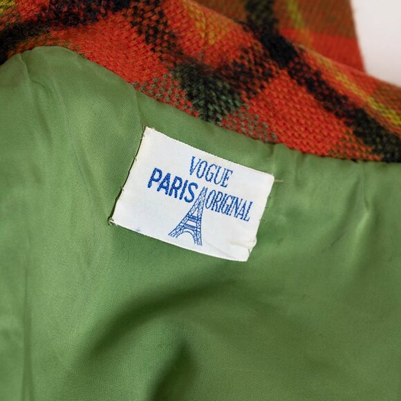 Vintage 1960s Plaid Skirt & Jacket Coat Set Vest Orange Green Vogue Paris 60s - Picture 11 of 11